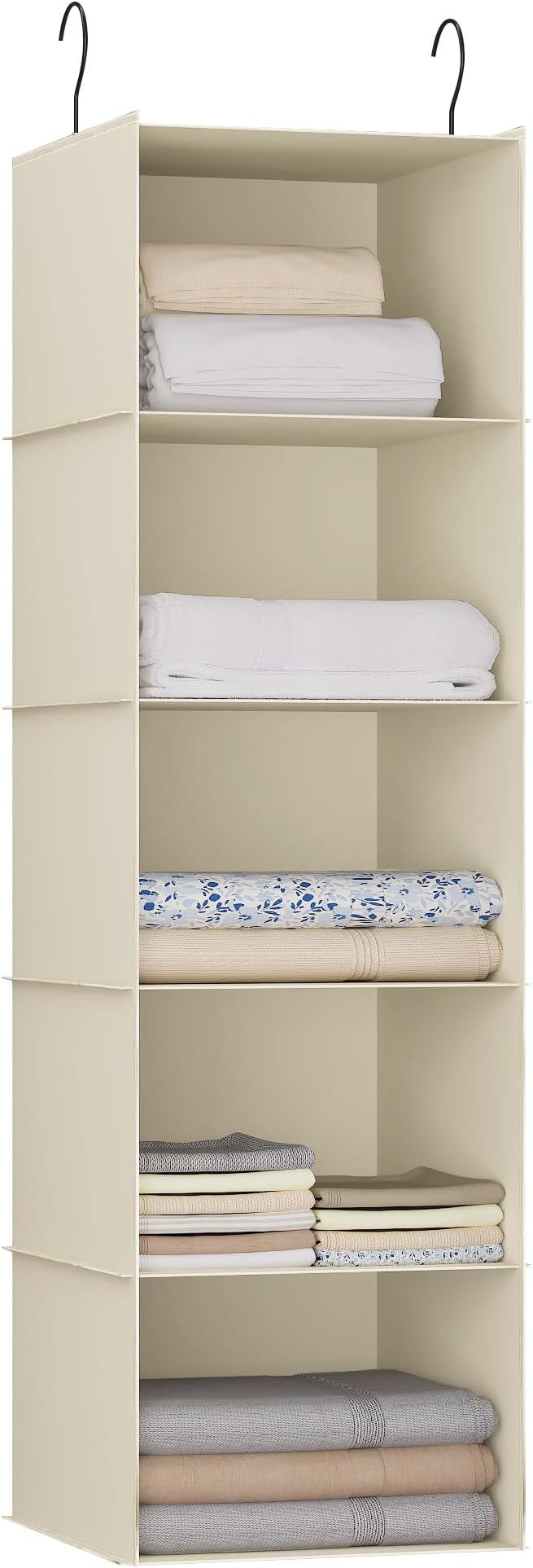 Hanging Closet Organizer 5-Shelf, Oxford Fabric Wardrobe Storage, Beige | Easy-mount foldable design holds clothes, handbags, shoes & accessories; washable Oxford fabric, sturdy and space-saving.