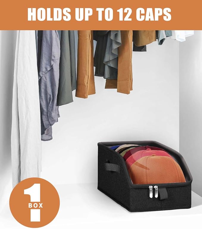 Livelab Hat Organizer for Baseball Caps, Hat Storage Box, Black | 1Pcs | Clear Window, Space Saving and Easy to Store