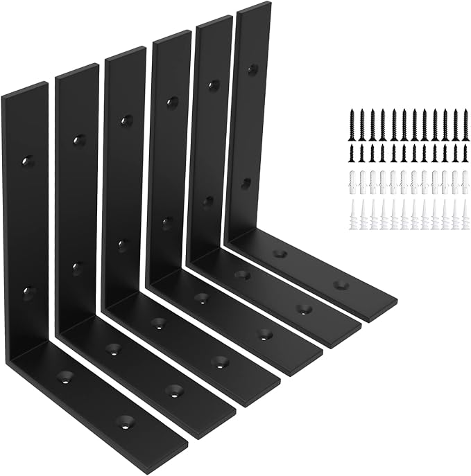 6-Pack Heavy Duty 10-Inch Black Shelf Brackets, L Shelf Bracket 10 Inch for Floating Shelves, 1/5-Inch Thick