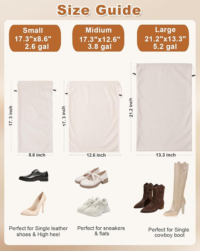 6 Pcs Single Shoe Bags for Travel, Dust Velvet Bags, Beige, 17.3x8.6 Inch | Washable & Reusable Travel Shoe Bags, Dustproof Shoe Bags with Drawstring Closure, Suitable for Travel, Home Storage