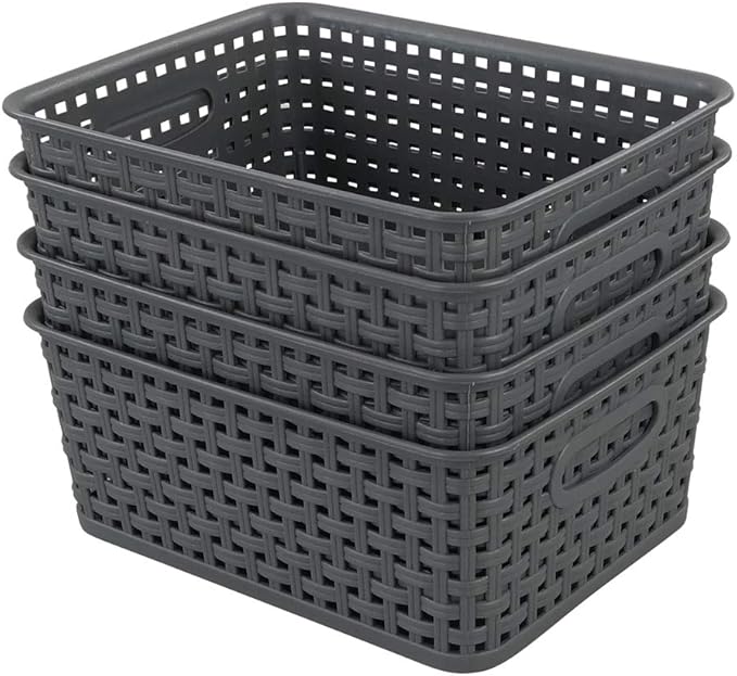 4-Pack Small Storage Baskets, Woven Plastic Basket, Gray | 10" x 7.7" x 4", Home Organization, Space - Saving Storage, Stylish Design, Organizer Baskets for Cabinet, Closet, Office