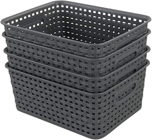 4-Pack Small Storage Baskets, Woven Plastic Basket, Gray | 10" x 7.7" x 4", Home Organization, Space - Saving Storage, Stylish Design, Organizer Baskets for Cabinet, Closet, Office