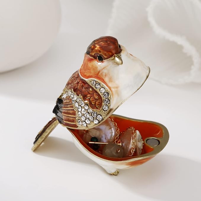 Hand Painted Enamel Goldfinch Trinket Box for Home Decor, Hinged Jewelry Organizer for Ring Earrings, Unique Figurine Keepsake Collectible Personalized Elegant Handmade Ornament Gifts (Gold Finch)