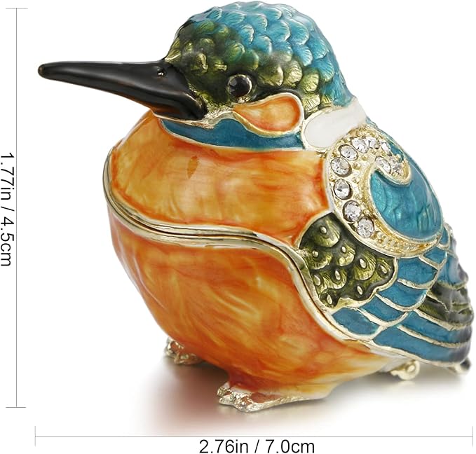 Hand Painted Enamel Kingfisher Trinket Box for Home Decor, Hinged Jewelry Organizer for Ring Earrings, Unique Figurine Keepsake Collectible Personalized Handmade Ornament Gifts (Blue Kingfisher)