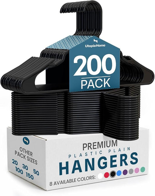 Utopia Home Plastic Hangers 200 Pack - Perfect Space Saving Clothes Hanger - Durable and Strong - Perfect Closet Organizers with Shoulder Grooves (Black)