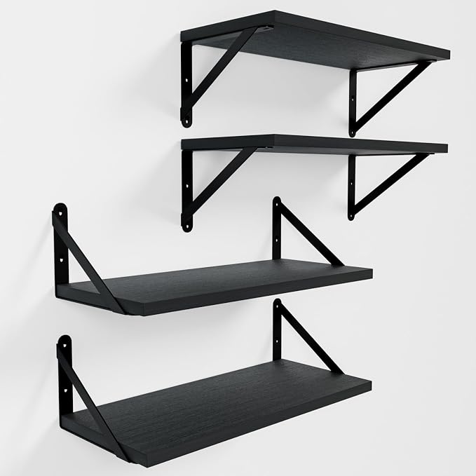 COCOYA Wall Shelves 7.3" Deep Solid Paulownia Wood (Black, Set of 4) | 15mm Thick, Wider & Longer & Stronger, Easy to Install, Floating Shelf for Room Wall, Bathroom Bedroom Office Organizer