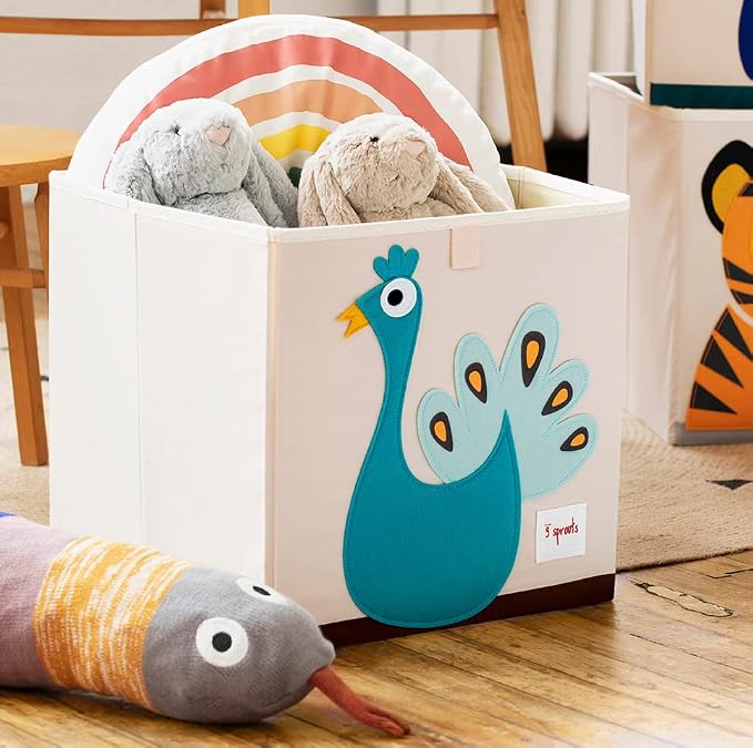 3 Sprouts Toy Storage Cube Bin, Foldable Storage Box, Peacock | Foldable organizer, Playroom or nursery toy storage, Cube shelf compatible, Toys books clothes storage, Folds flat