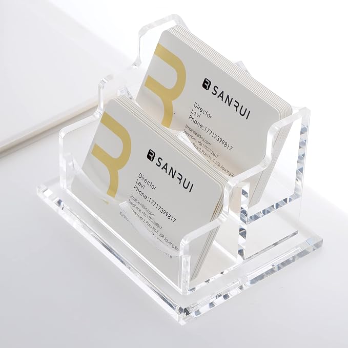 SANRUI Clear Horizontal Business Card Holder Stand for Desk, Acrylic Desktop Display Name Cards Holders Organizer Storage Rack,for Exhibition, Home, Office,2 Tier 2 Pocket, 120 Card Capacity