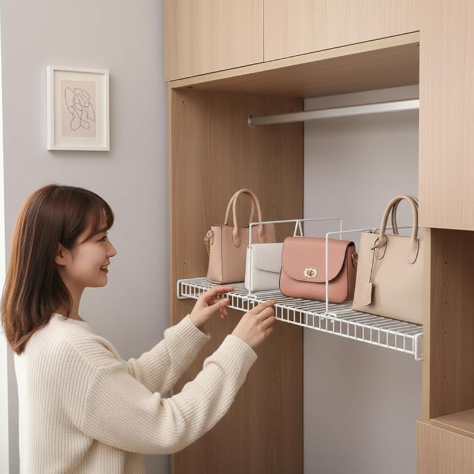 Wire Shelf Dividers - White Closet Organization & Storage Organizer - No Tool Shelf Divider for Wire Shelves - Metal Shelf Accessories – for 12“ Deep Wire Shelves – Tall 7” Height – 4 Pack