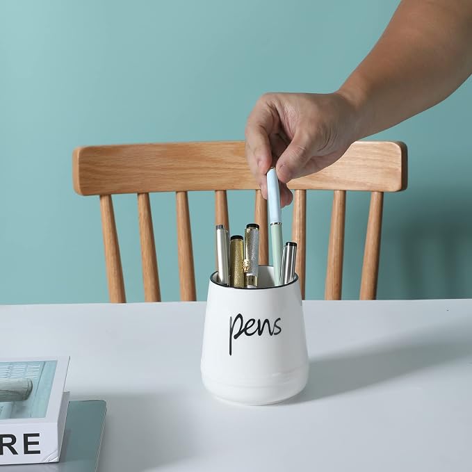LEETOYI Ceramic Farmhouse Pen Holder for Desk, Pencil Organizer 16oz (White)