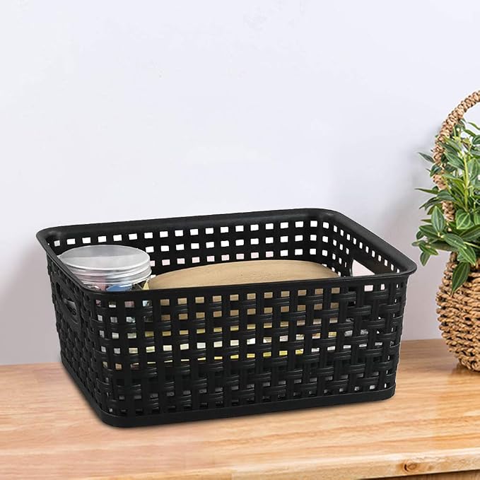 Asking Plastic Weave Storage Baskets, Set of 6 Multi-use Organizer Bin, Black
