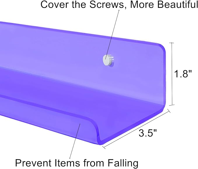 ROYALITA 2-Pack Small Acrylic Shelves Wall Mounted, 12 in Display Shelves | for Small Items, Plants, Room Decor Floating Wall Shelves for Gaming Room, Bedroom, Living Room, Office, Purple
