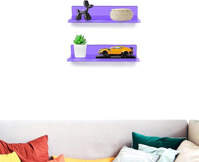 ROYALITA 2-Pack Small Acrylic Shelves Wall Mounted, 12 in Display Shelves | for Small Items, Plants, Room Decor Floating Wall Shelves for Gaming Room, Bedroom, Living Room, Office, Purple