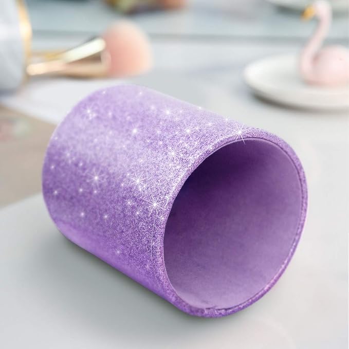Pen Holder for Women Girls, Pencil Cup Desk Glitter Sturdy Makeup Brush Holder Large Pu Leather Luxury Multi-Functional Organizer Cup for Office, Classroom, Home, Purple