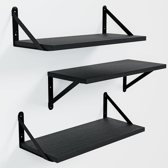 COCOYA Wall Shelves 7.3" Deep Solid Paulownia Wood (Black, Set of 3) | 15mm Thick, Wider & Longer & Stronger, Easy to Install, Floating Shelf for Room Wall, Bathroom Bedroom Office Organizer