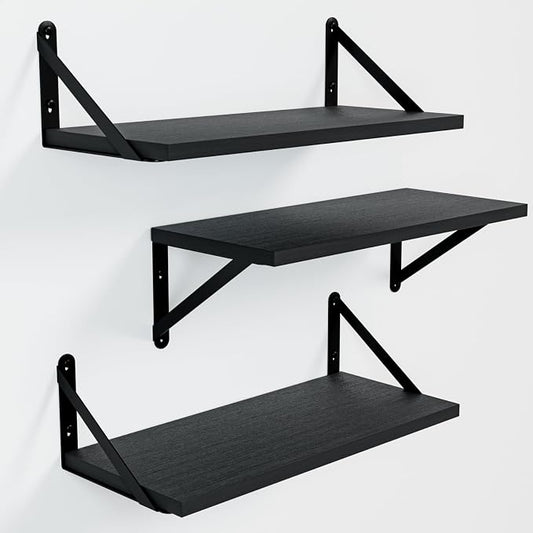 COCOYA Wall Shelves 7.3" Deep Solid Paulownia Wood (Black, Set of 3) | 15mm Thick, Wider & Longer & Stronger, Easy to Install, Floating Shelf for Room Wall, Bathroom Bedroom Office Organizer