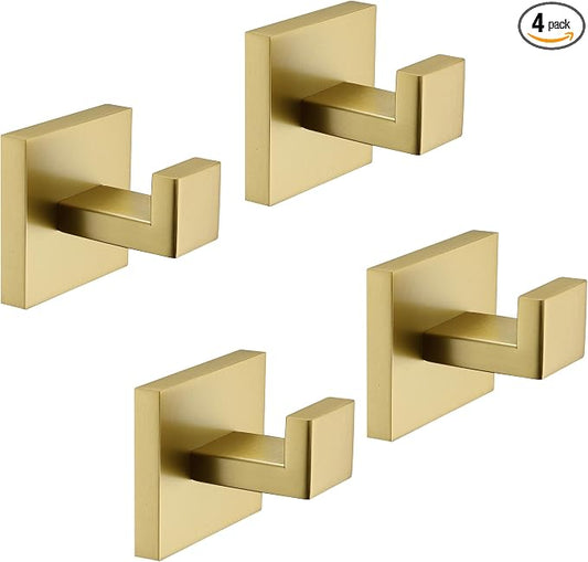 TASTOS Bath Towel Hooks Brushed Gold, 4 Pack Stainless Steel Robe Coat and Clothes Hook, Heavy Duty Wall Hook for Bathroom & Kitchen, Modern Square Style Wall Mounted…