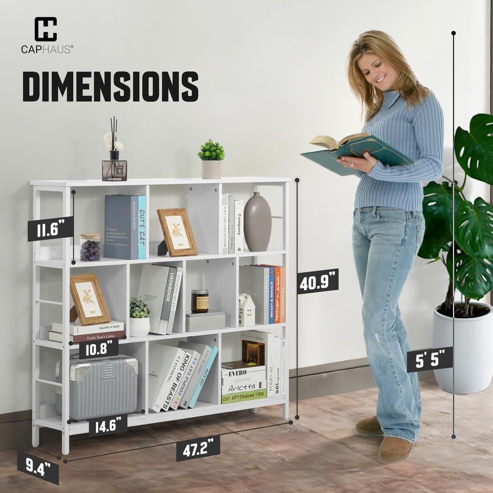 CAPHAUS 10 Cube Storage Organizer, 48” Wide 3 Tier White Industrial Open Shelf Bookcase, Display Shelf, Horizontal Books
