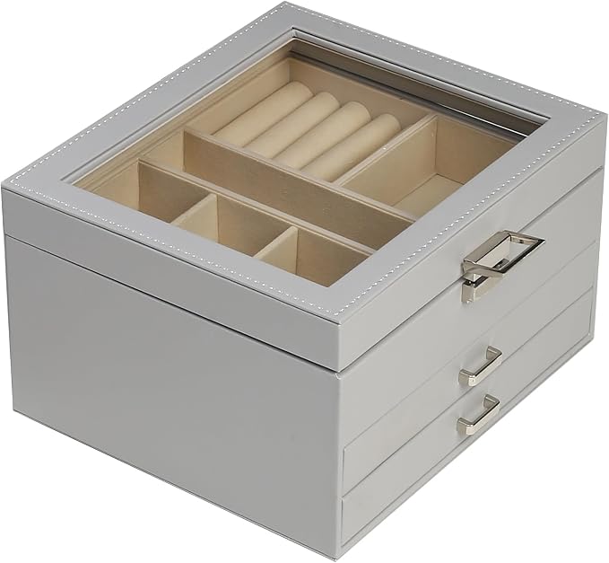 BOOVO Clear Lid Jewelry Box,3 Layers Jewelry Organizer Large Jewelry Storage Box with 2 Drawers,Jewelry Holder Organzier of Rings Earrings Necklace Bracelets for Women (Grey, 3 Layer)
