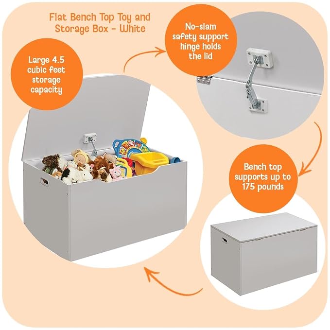 Badger Basket Kids Toy Box Bench - Wooden Chest with Flip-Top Lid, Safety Hinge & 4.5 Cubic Feet Storage Capacity - Stylish Storage Organizer for Toys, Books & Nursery Essentials - White