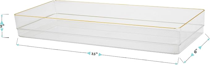Martha Stewart Kerry Plastic Stackable Office Desk Drawer Organizers, 15" x 6", 2 Pack, with Gold Trim