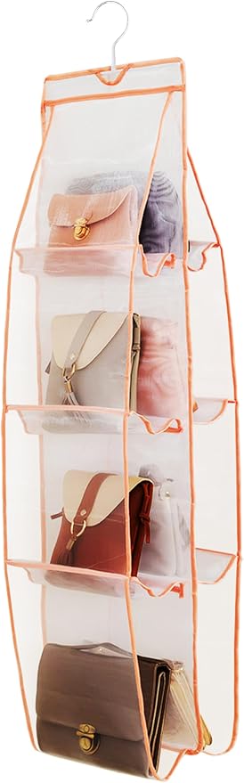AARAINBOW 1 Pack Hanging Handbag Purse Organizer, 8 Pockets Purse Bag Organizer Hanging, Wardrobe Closet Space Saving Organizers, Handbag Organizer for Women Girls, 46.6L x 13.5W (A-Pink)
