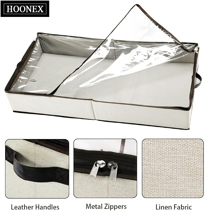 HOONEX Under Bed Storage Containers Zippered Clear Top Lid, Outer Linen Fabric, Reinforced Frame and Sturdy Bottom, 2 Leather Carrying Handles, 2 Pack, Beige