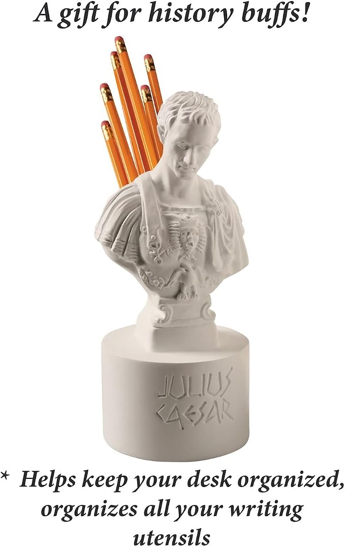 WHAT ON EARTH Julius Caesar Pencil Holder Stab Back Ides of March Pencil Holder for Desk, Roman Bust Statue with Back Stabbed Holes