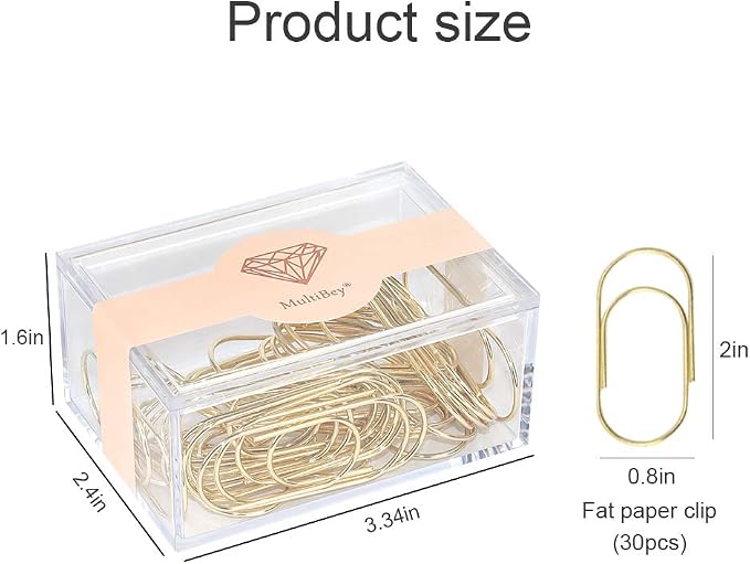 MultiBey Gold Jumbo Paper Clips, 30 Pack, 2 Inch Large Metal Clips | Large Gold Paper Clips for Office, Planners, Crafts And Invitations, Clear Acrylic Storage Box for Easy Desk Organization