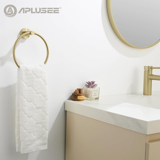 APLusee Brushed Gold Bath Towel Ring, 304 Stainless Steel Heavy Duty Towel Holder for Bathroom, Wall Mounted