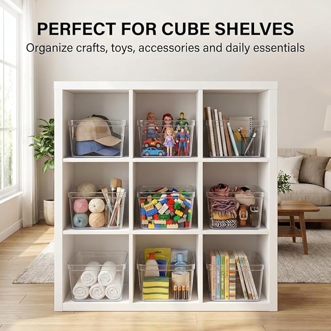 MOONEDGE 8PCS 10x10x6 Clear Plastic Cube Storage Bins with Handles,Open-Top | Durable square organizer containers for closet,pantry,kitchen,fridge,playroom,bathroom,under-sink and all-in-one organization