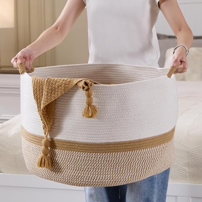 Luxury Little Extra Large Nursery Storage Basket, 20 x 20 x 13.8 inches - 100% Cotton Rope Baskets with Handles, Blanket Basket for Toys, Blankets & Pillows (Gradient Brown)
