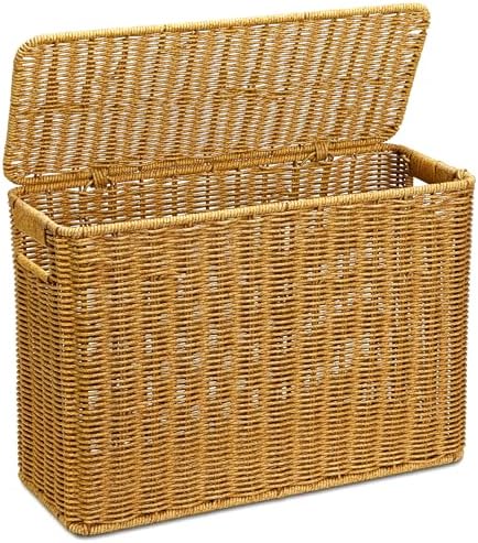 Pumtus Woven Storage Basket with Lid, 3 Gallon Decorative Plastic Organizer Box with Handle, Rectangle Narrow Tall Trash