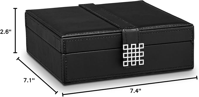 Glenor Co Ring Box Organizer - 54 Slot Classic Jewelry Display Case Holder - Storage Tray with Modern Buckle Closure, Large Mirror - Holds Rings and Cufflinks - Small for Travel - PU Leather - Black