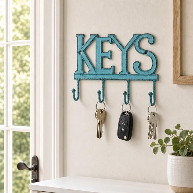 Comfify Rustic Blue Cast Iron Key Holder for Wall – Keys Sign with 4 Hooks | Rustic blue antique finish; mounting hardware included; entryway, hallway or door; 6"H x 8"L; holds 8 keychains