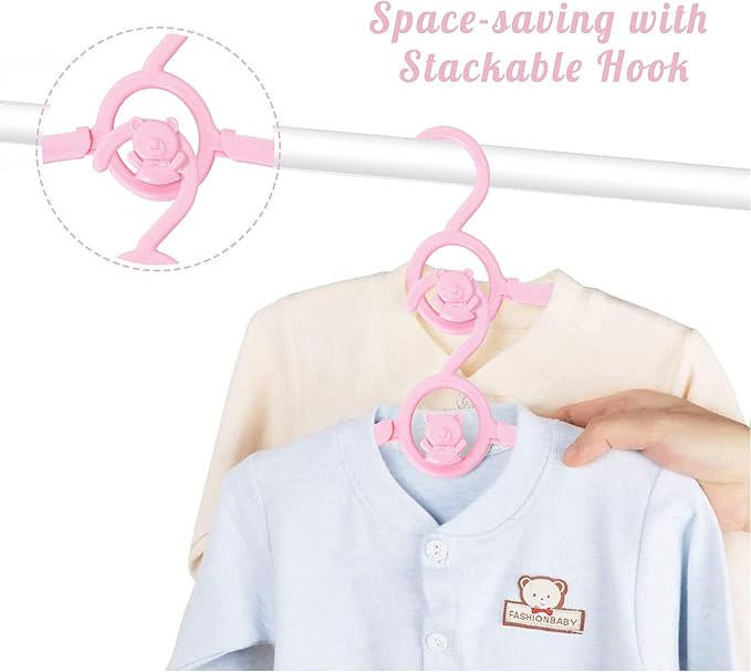 HGYZE Kids Hangers 11"-14" Adjustable Plastic Baby Girl Hangers 20 Pack, Toddler Bear Hanger for Children's Clothes Sweaters, Infant Hangar for Closet with Non-Slip Shoulder Grooves & Pants Bar, Pink