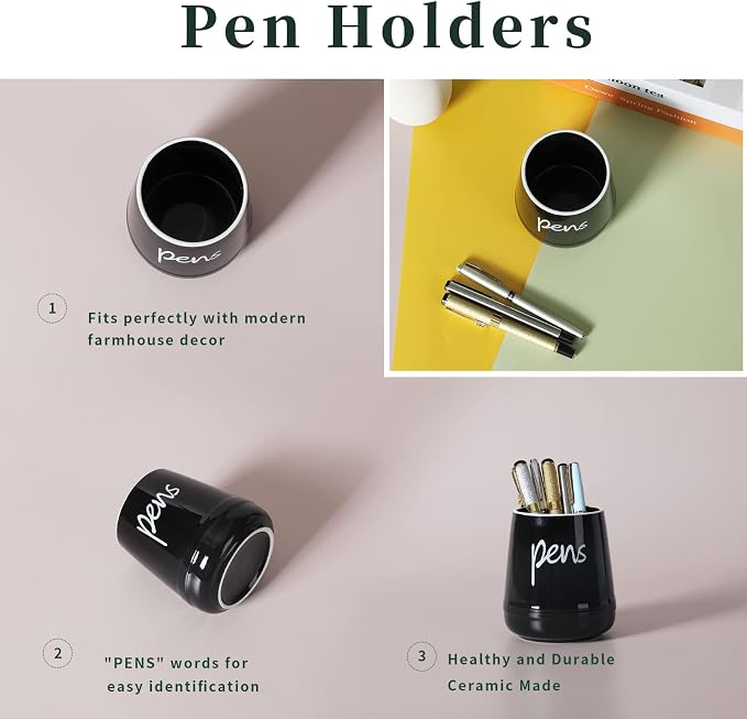 LEETOYI Ceramic Farmhouse Pen Holder for Desk, Pencil Organizer 16oz (Black)
