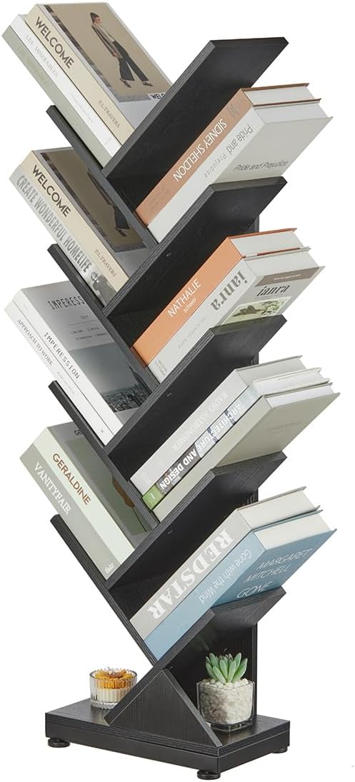 ruboka 9 Tier Tall Tree Bookshelf, Small Bookcase 11.8"*7.4"*38.4" (Black) | Retro Narrow Bookshelves for CDs/Magazines, Book Shelf for Bedroom, Living Room, Office, Balcony, Study Room