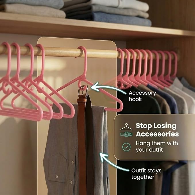 DEILSY™ Heavy Duty Plastic Hangers 50 Pack - Extra Heavy Duty Hangers for Clothes, Thick Pink Plastic Hangers, Strong Clothes Hangers with Hook for Scarves & Belts
