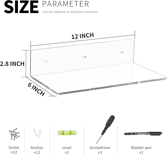 12 Inches Clear Wall Shelves, Moisture-Proof Acrylic Bathroom Organizer Shelves for Wall, Floating Shelf for Bathroom, 4 Pack