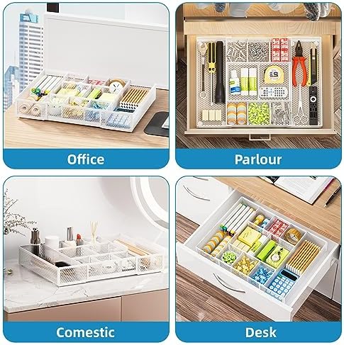 Marbrasse Expandable Desk Drawer Organizer, Mesh Drawer Organizer Tray with 10 Adjustable Compartments, Desk Organizers and Accessories for Office Supplies, Makeup & Vanity (Expandable White-2 pack)