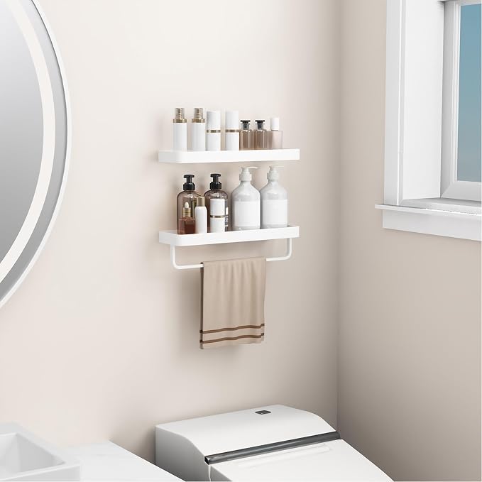 Danpoo 16-Inch White Floating Bathroom Shelves with Towel Bar， Clear Tempered Glass Wall Shelf 2-Pack – Versatile Bathroom Organizer Set