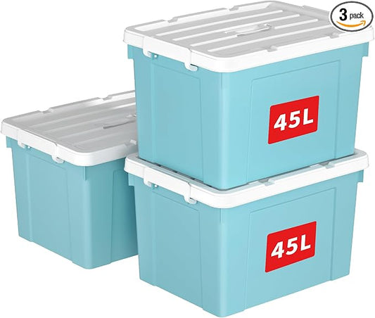 Cetomo Lidded Storage Bin with Handle, Tote Organizing Container with Durable Lid and Secure Latching Buckles, Stackable and Nestable, Plastic, 50 Quart-3 Pack, Blue