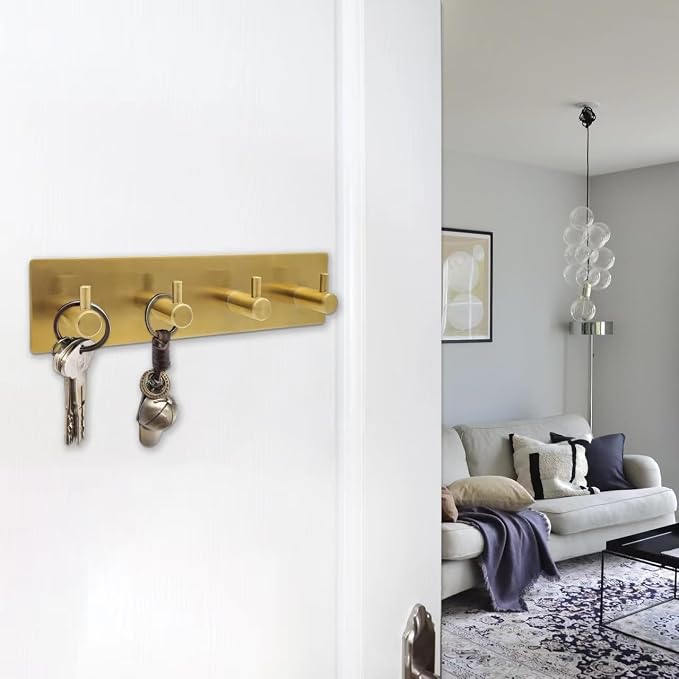 Self Adhesive Key Hook Rack with 4 Hooks for Keys, Masks - Wall Mounted Entryway, Hallway Hanger - Gold