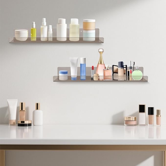 Dezzer 6 Pack Acrylic Shelves for Wall, 15" Acrylic Floating Shelves for Bathroom Bedroom, Invisible Bookshelf Wall Ledge Storage Shelf Books Perfume Toys Action Figure Display Shelves, Clear Gray