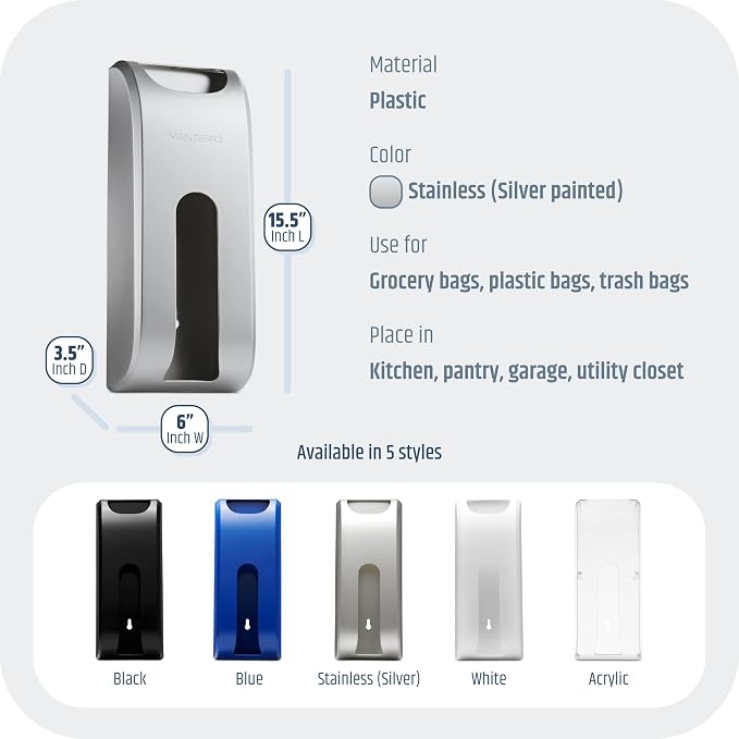 Manterio Plastic Bag Holder | UPGRADED Wall-Mount Grocery Bag Dispenser | Space-Saving Design | Easy Install | Smudge-Proof, Fingerprint-Resistant | Silver | Holds the Most Bags for Maximum Storage