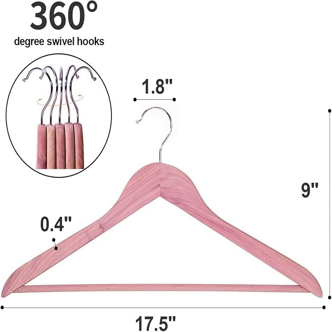 American Red Cedar Hangers 20 Pack, Wooden Suit Hangers with 360° Swivel Hook, Smooth Surface Slim Cedar Wood Coat Hangers, Great for Refresh Closet