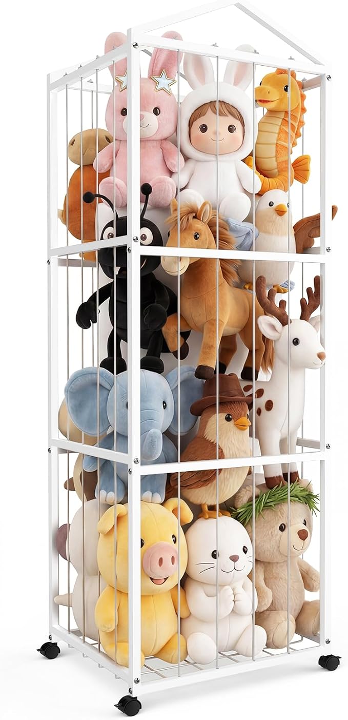 NomNest Stuffed Animal Storage Zoo – Large Metal Plushie Organizer Holds 50+ Toys, Heavy Duty Teddy Bear Toy Holder with Wheels for Bedroom, Playroom, Nursery (White)