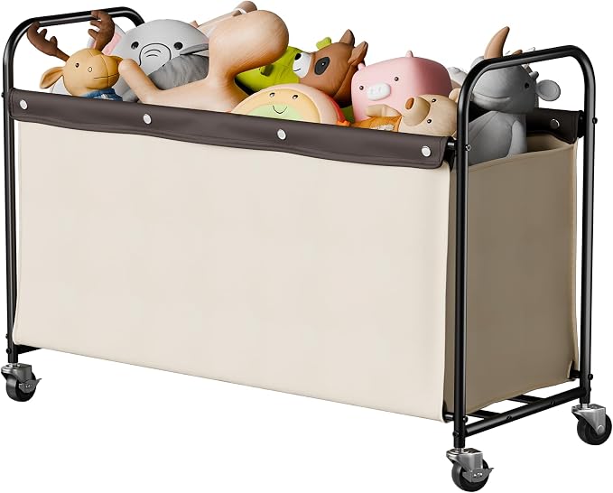 StorageWorks Toy Box with Wheels for Kids, 135L Large Toy Storage Chest and Organizer, 23" Metal Toybox with 360° Swivel Wheels for Bedroom, Kids Room, Stuffed Animal Storage, Beige
