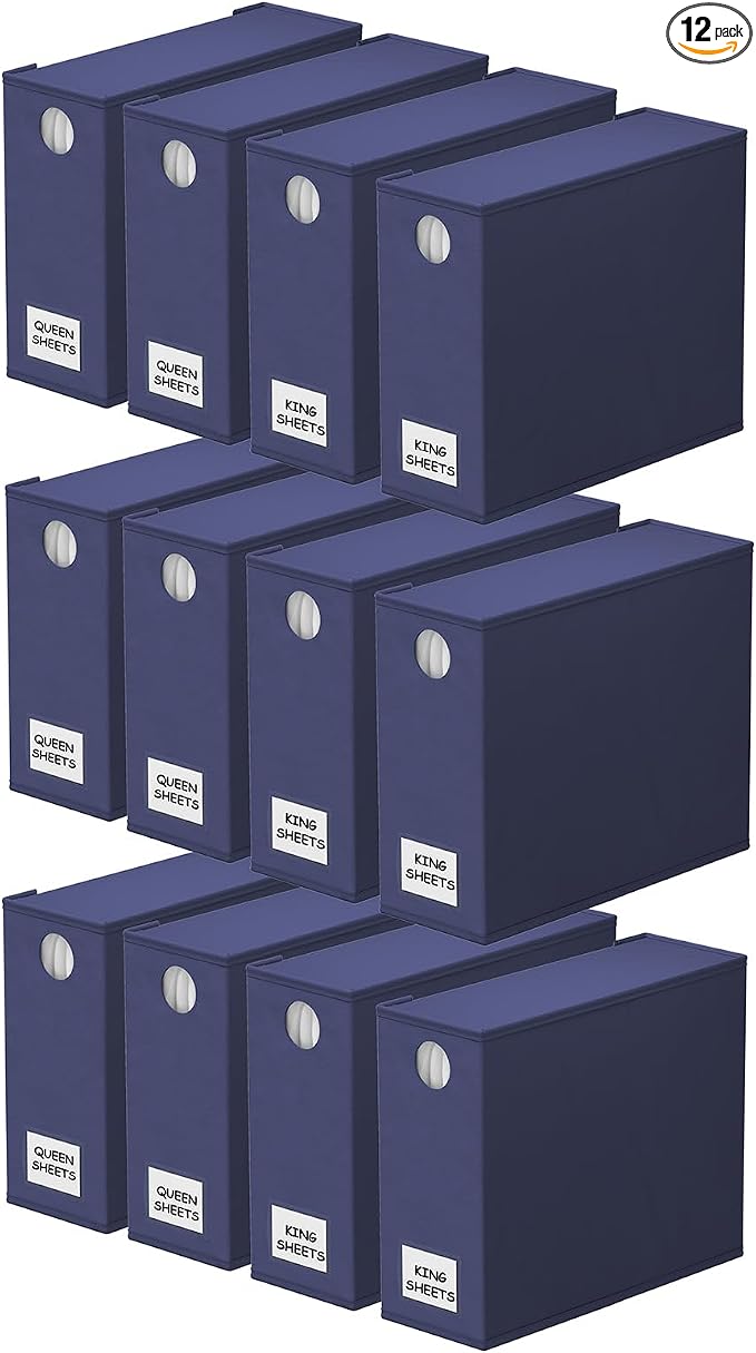 SpaceAid 12 Pack Bed Sheet Organizers and Storage, Foldable Linen Closet Organizer, Set Folder Keeper With Window XL (Queen & King Size) Bedding Container (Navy Blue)